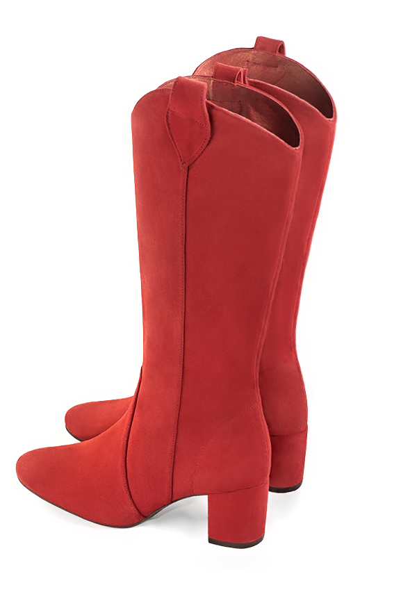 Scarlet red women's mid-calf boots. Round toe. Medium block heels. Made to measure. Rear view - Florence KOOIJMAN